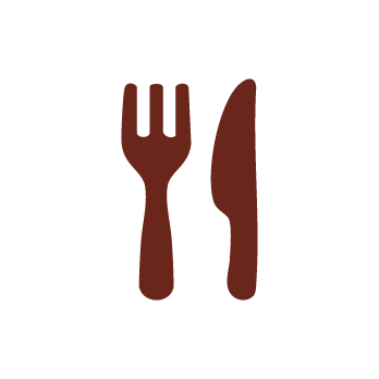 Brown silhouette of a fork and knife side by side on a light gray background, representing dining or food.