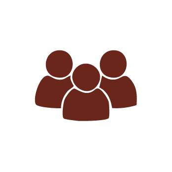 Simple brown icon of three people on a light gray background, with one figure in front and two slightly behind on either side, representing a group or community.