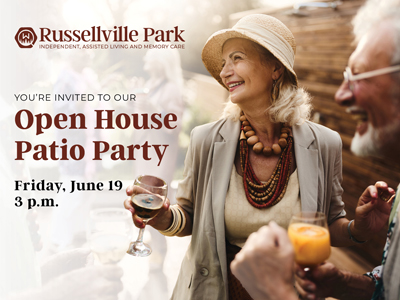 Smiling older woman in a sun hat holding a drink at an outdoor gathering, with text inviting people to an Open House Patio Party at Russellville Park on Friday, June 19 at 3 p.m.