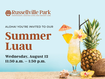 Invitation for a Summer Luau at Russellville Park on Wednesday, August 12, 11:30 a.m. to 1:30 p.m., featuring a tropical drink, pineapple, and seashells on a light blue background.