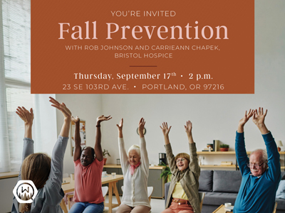 A diverse group of seniors sitting in chairs raise their arms in a bright room. Text above invites to a Fall Prevention event on September 17th at 2 p.m., at 23 SE 103rd Ave., Portland, OR, hosted by Bristol Hospice.